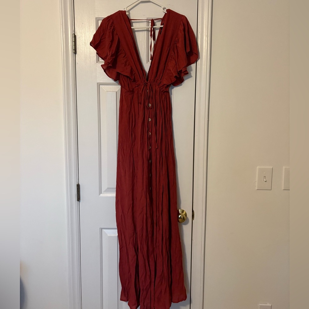 Wishlist Apparel Deep V Neck Pink Mauve Maxi Dress Flowy Sleeves